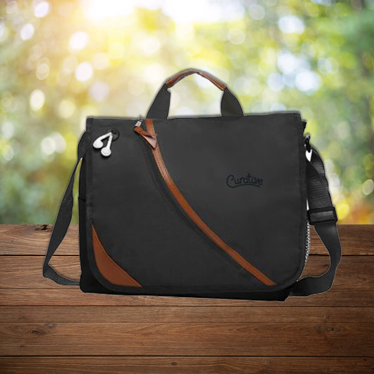 Black with brown accents custom promotional messenger bags by curative printing