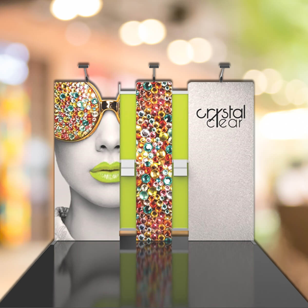 Front facing lime rigid display exhibit trade show display by Curative Printing