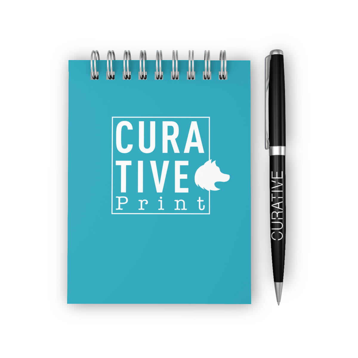 Turquoise notebook and black metal pen with branding promotional writing implements by curative printing