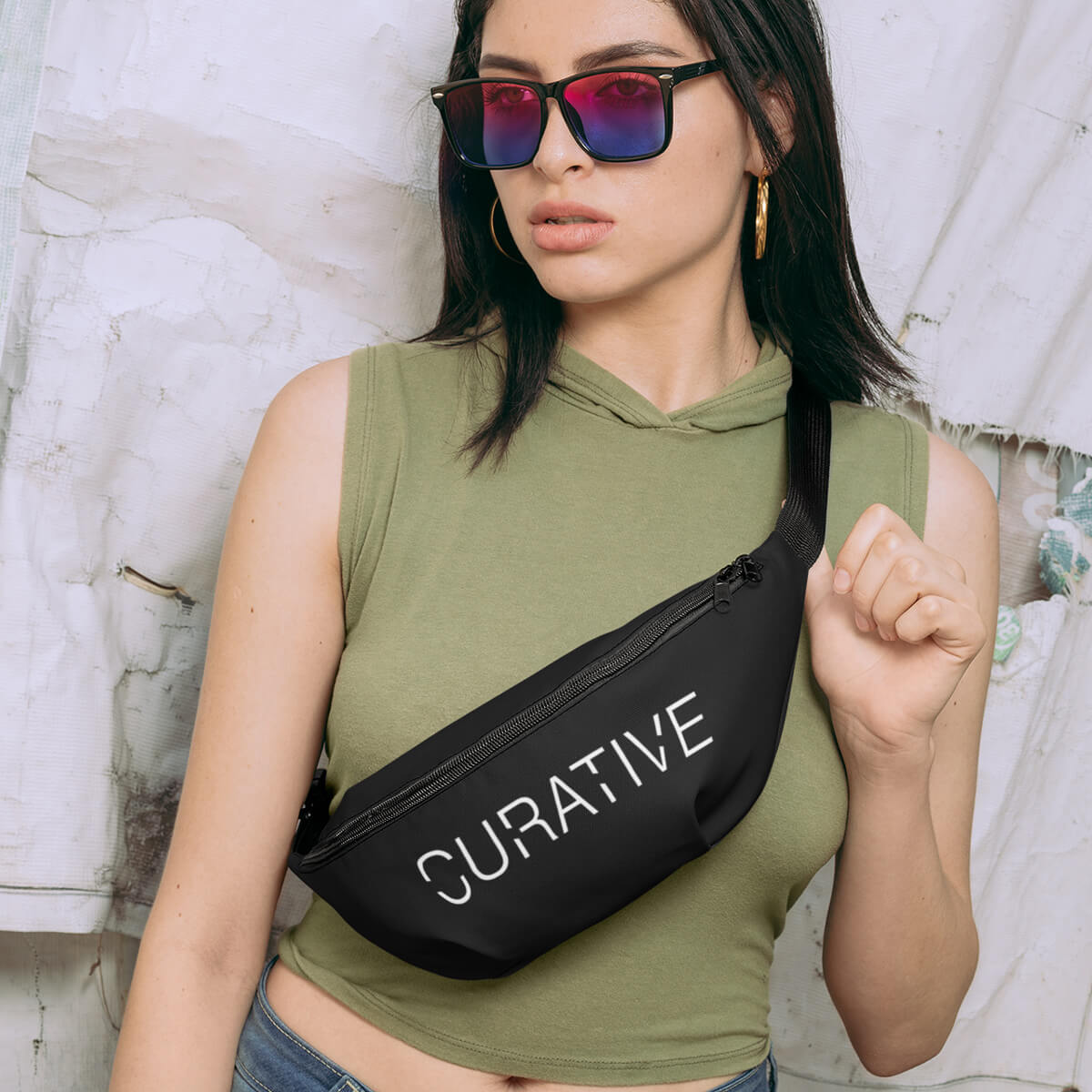 Trendy woman wearing black custom promotional fanny pack bags by curative printing