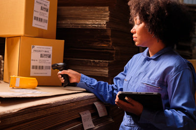 Woman worker prepares shipments for sending represents Curative's Logistics Services