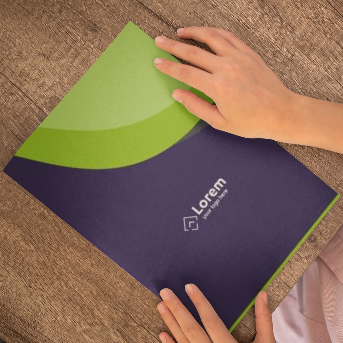 Green and blue imprint paper pocket folder custom print by Curative Printing