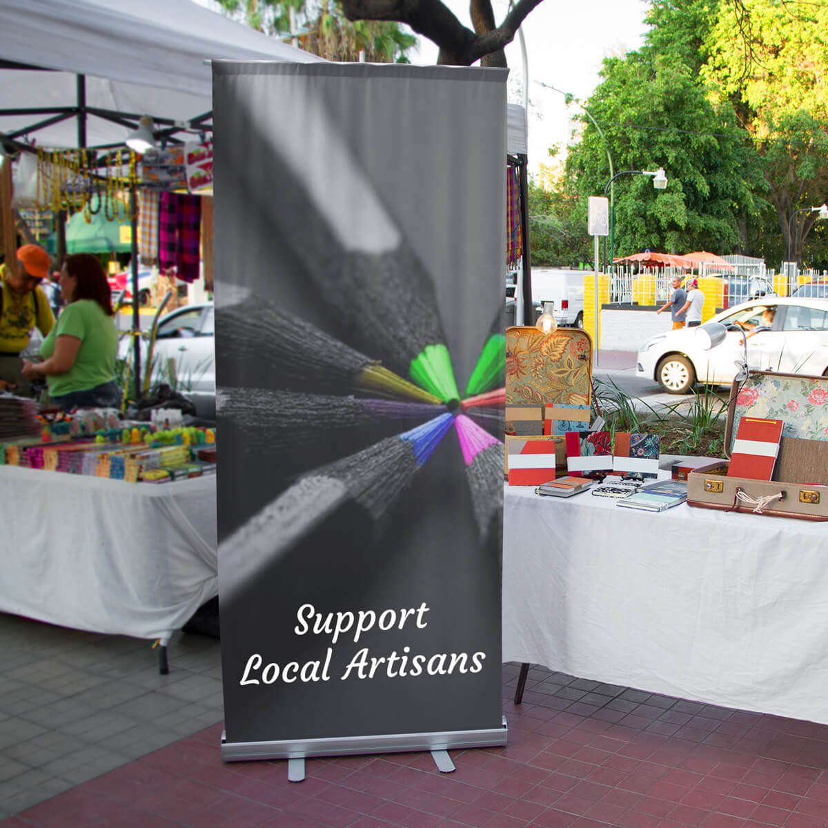 Local artisans pull up banner stand signs and banners Curative Printing