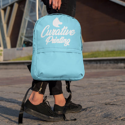 Woman holding custom promotional backpack bag by curative printing