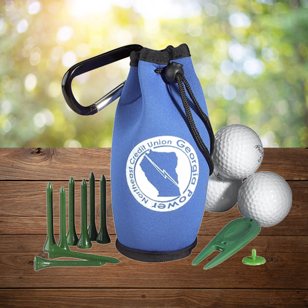 Blue hanging golf kit custom promotional golf by curative printing