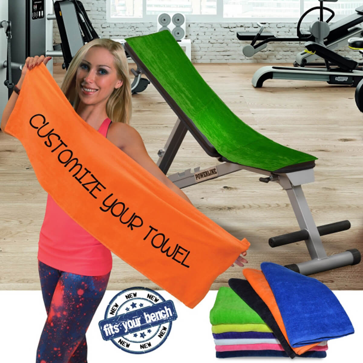 Woman holding brightly colored custom gym workout towel promotional towels by curative printing