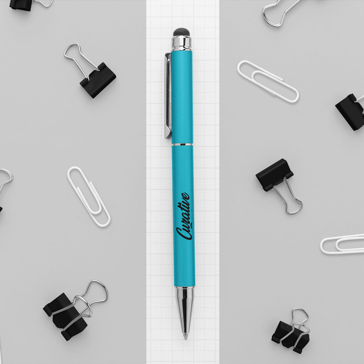Design turquoise with black imprint custom stylus pens promotional writing implements by curative printing