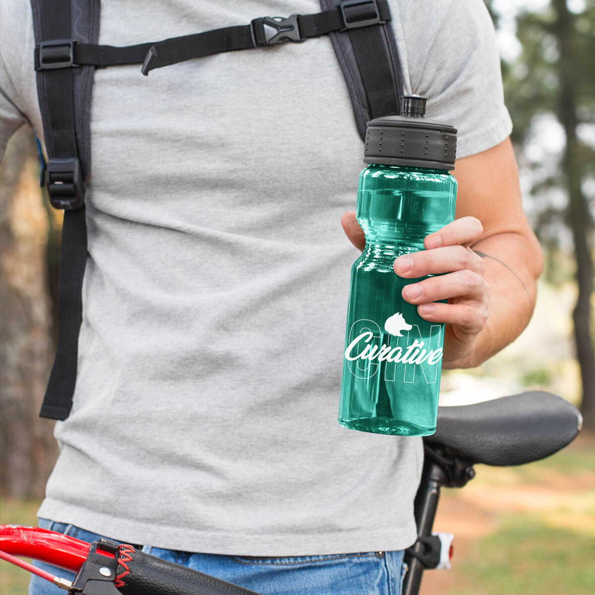 Male biker with green sports bottle custom promotional drinkware by curative printing