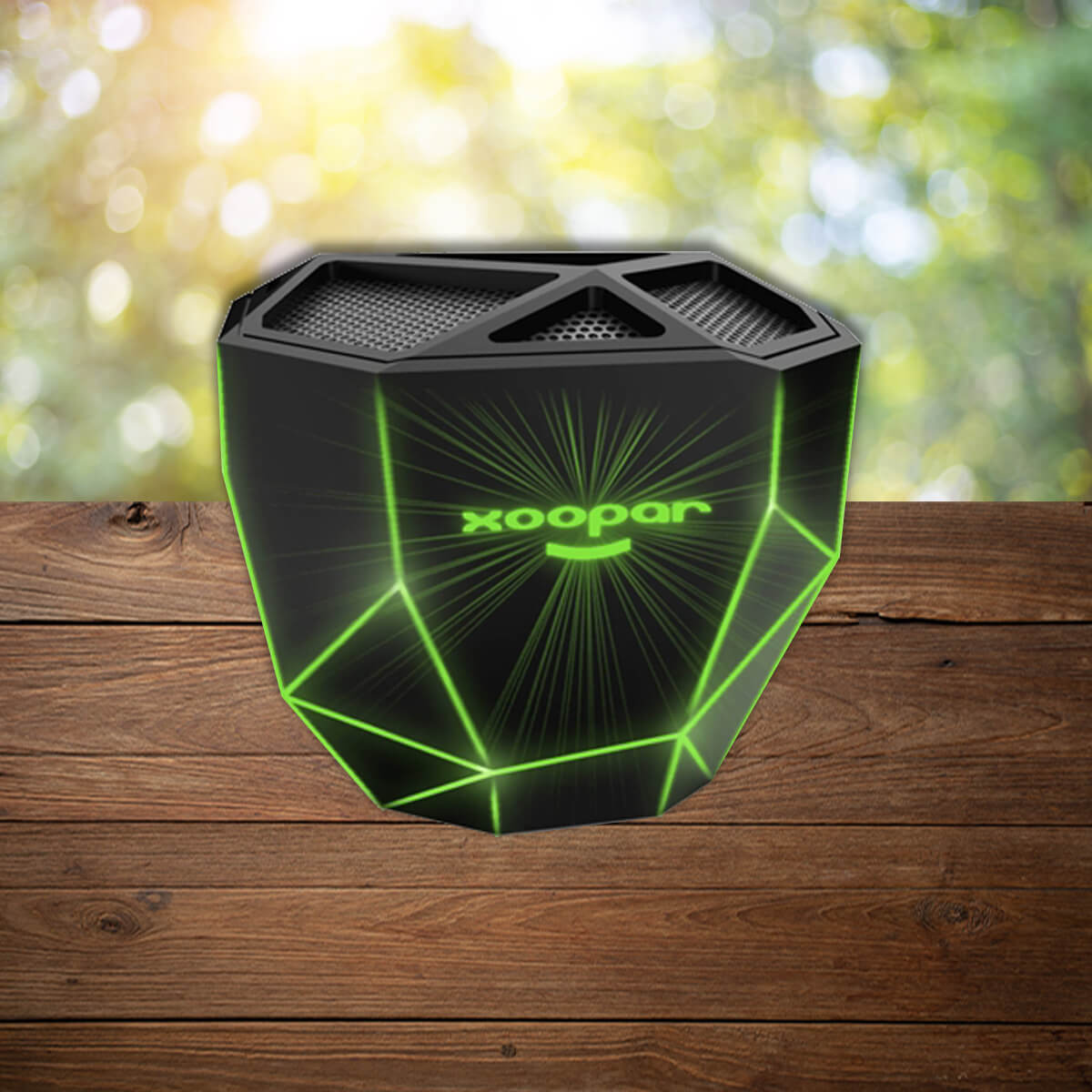 Octagonal logo'd green and black portable speaker promotional technology by curative printing