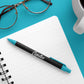 Black and turquoise with white imprint custom plastic pens promotional writing implements by curative printing