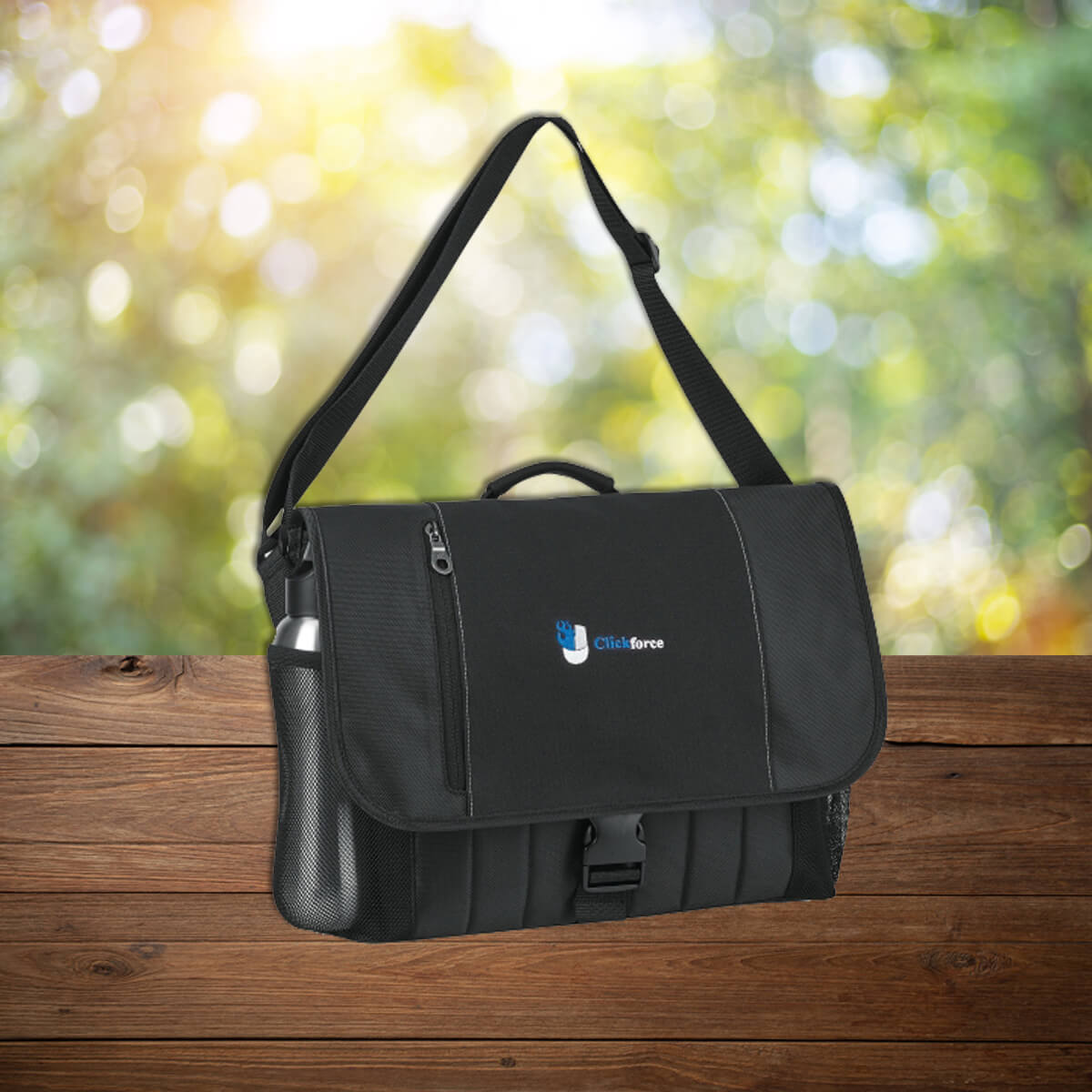 Black shoulder custom promotional messenger bags by curative printing