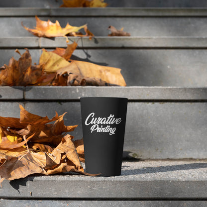 Fall stairs with black plastic cup custom promotional drinkware by curative printing