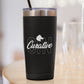 Table top with black travel mug tumbler custom promotional drinkware by curative printing