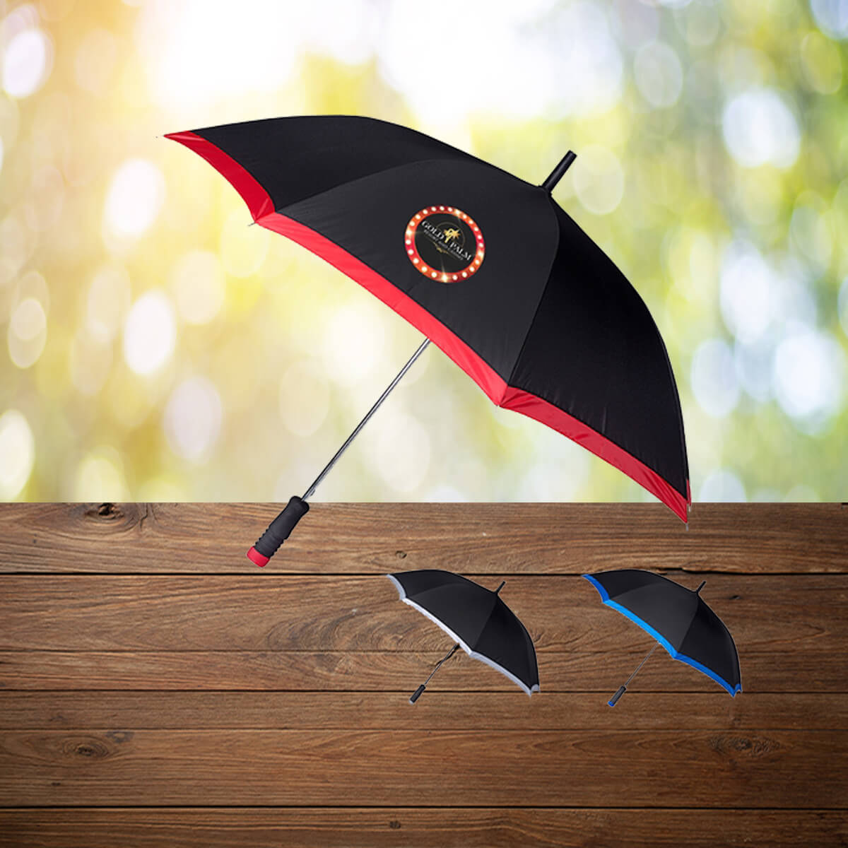 Auto open umbrellas with logo and accent color trim. 
