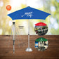 Blue with white logo imprint commercial patio umbrella promotional umbrellas by curative printing