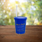 Lid, straw and blue plastic cup custom promotional drinkware by curative printing