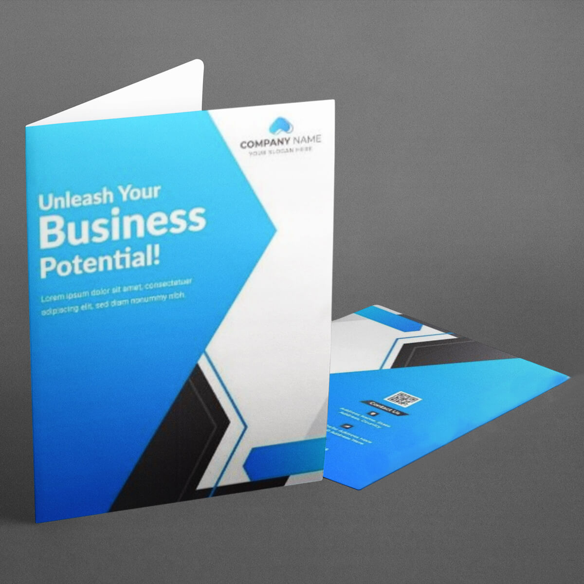Blue pointed design imprint paper pocket folder custom print by Curative Printing
