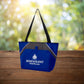 Blue and grey logo'd custom promotional lunch box cooler bags by curative printing