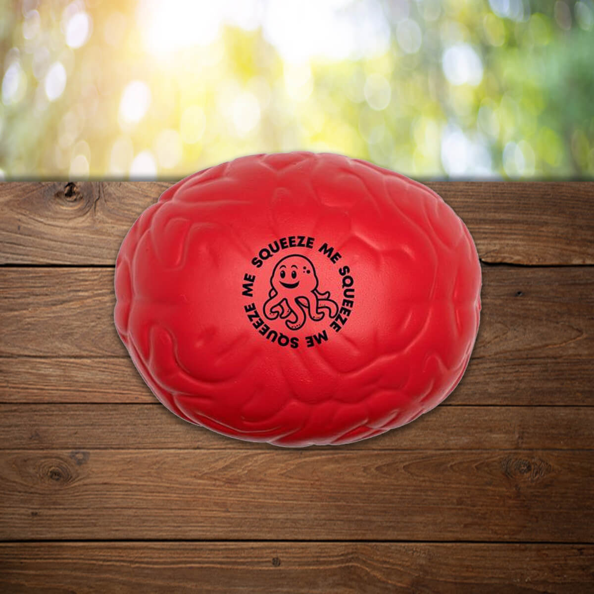 Red brain shape logo'd stress ball promotional wellness & safety by curative printing