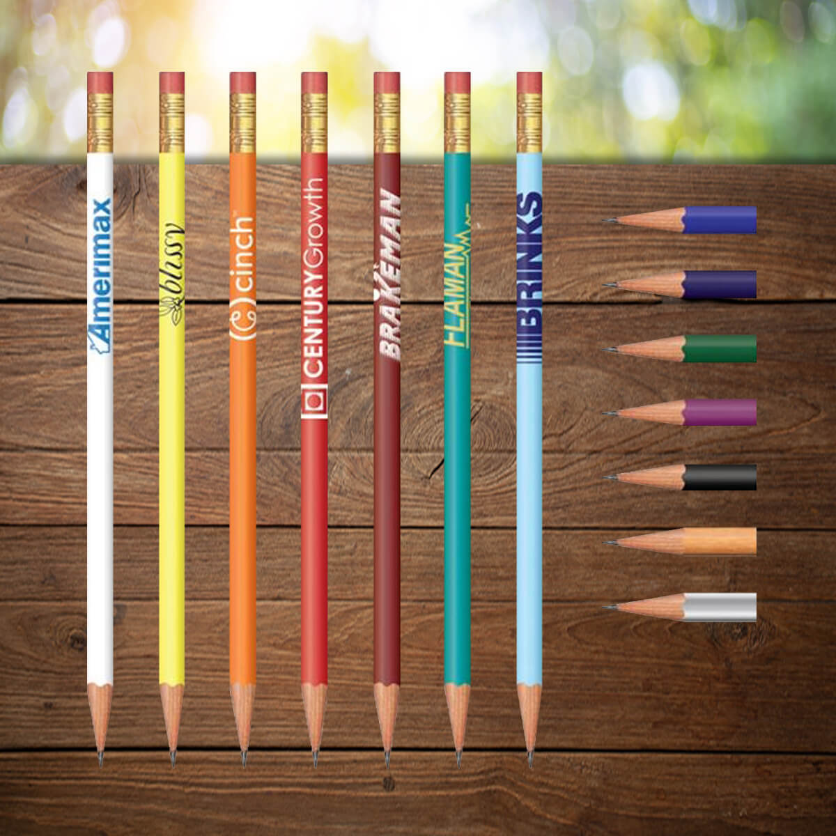 Variety of colors and imprints shown on custom pencils promotional writing implements by curative printing