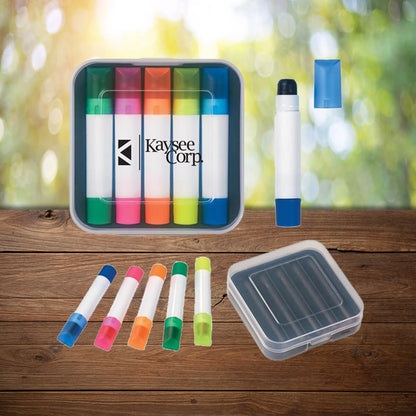 Case set of thick waxy highlighter colors with branding promotional writing implements by curative printing