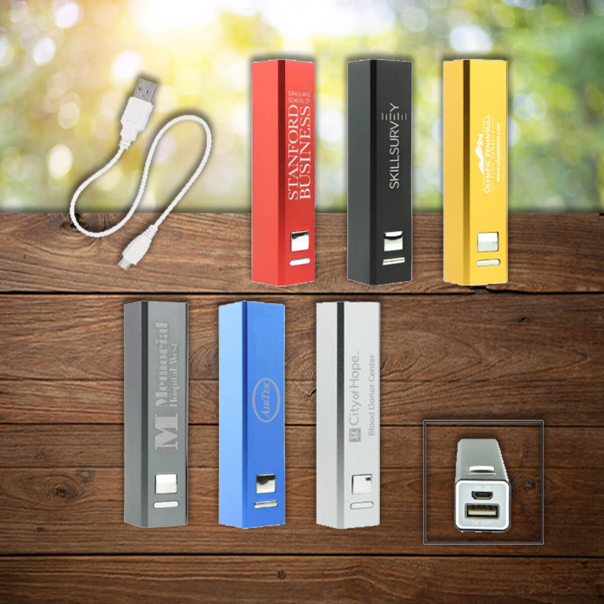 Multi colored logo imprinted power bank charger promotional technology by curative printing