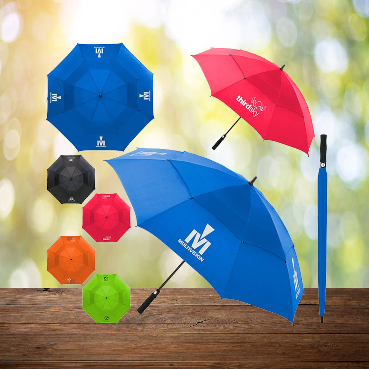 Brightly colored auto umbrellas display by Curative Printing.