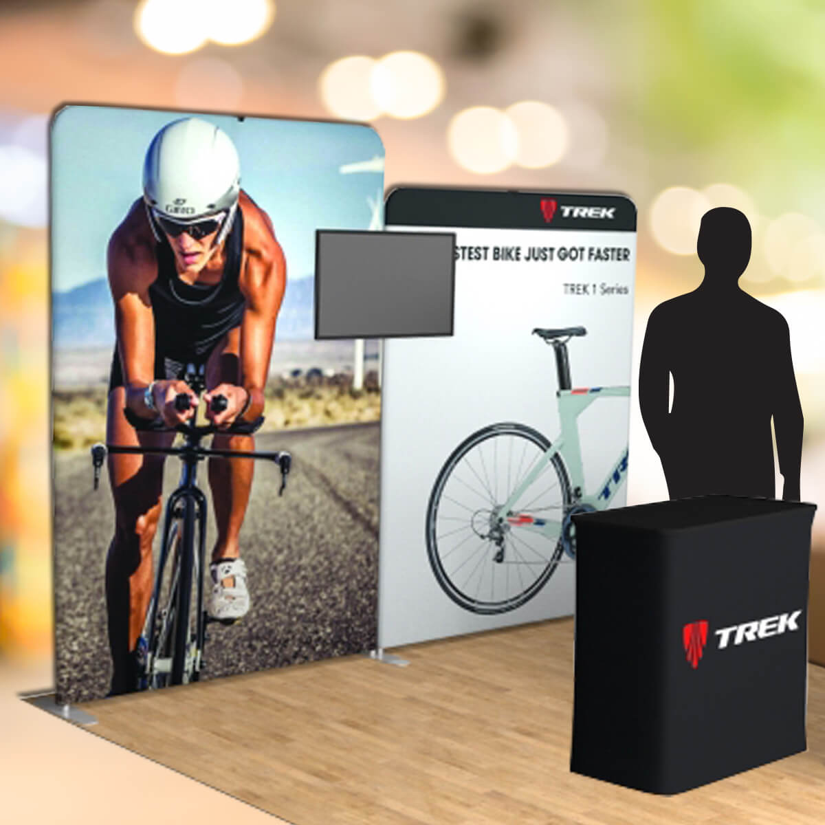 Cycling tension fabric display straight trade show by Curative Printing