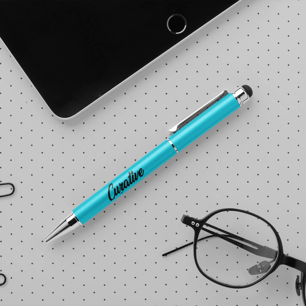 Desktop turquoise with black imprint custom stylus pens promotional writing implements by curative printing