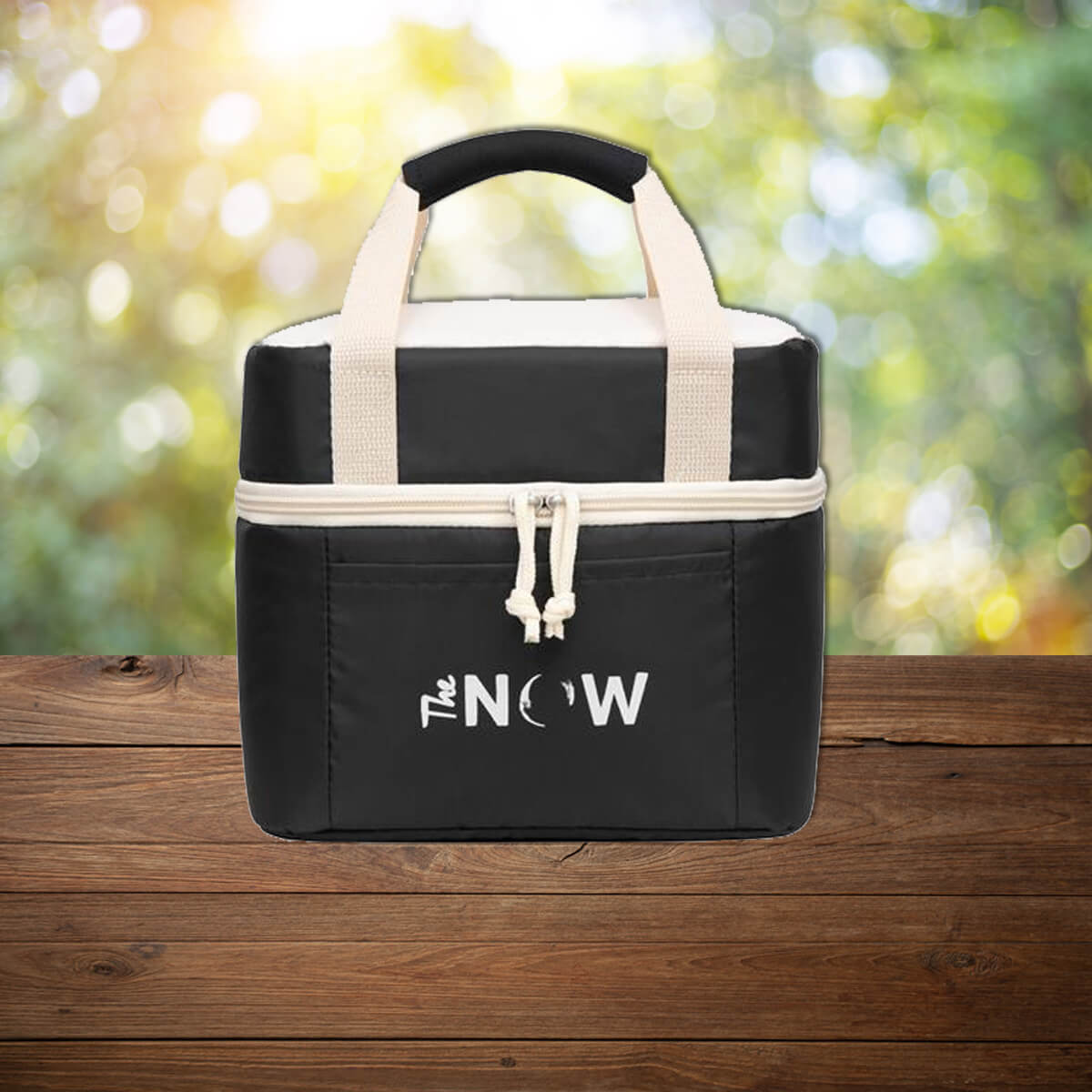 Black and cream handled custom promotional lunch box cooler bags by curative printing