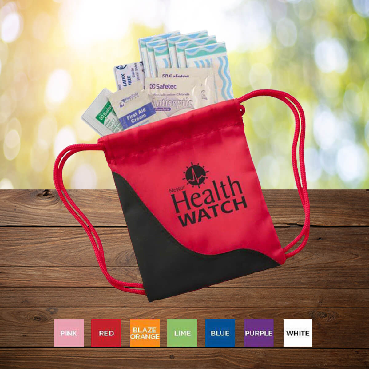 Red and black logo imprinted drawstring first aid kit promotional wellness & safety by curative printing