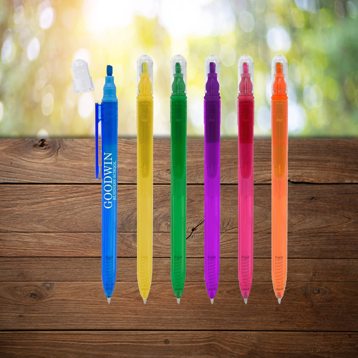 Clear capped dual highlighter pen and colors with branding promotional writing implements by curative printing