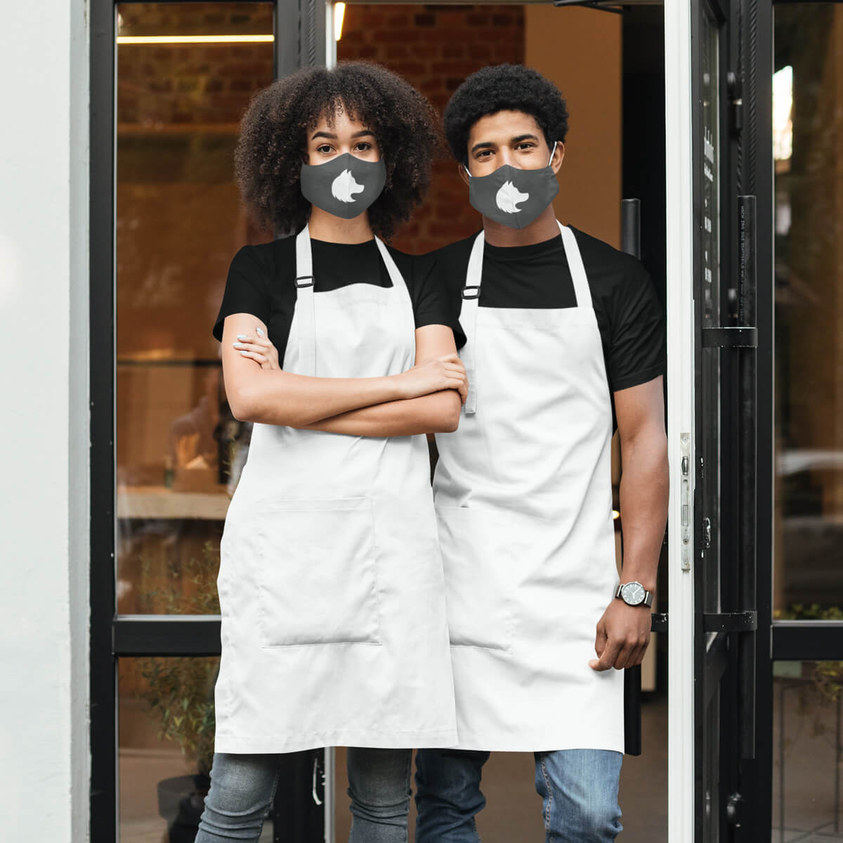 Couple wearing company branded face masks promotional wellness & safety by curative printing