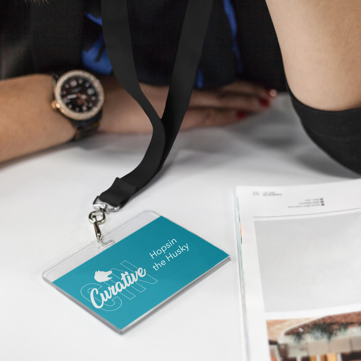 Turquoise attendee event branded name tags promotional wellness & safety by curative printing