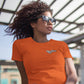 Woman outside wearing black branded sunglasses promotional wellness & safety by curative printing