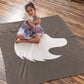 Girl sitting on grey with white imprint custom promotional throw blankets by curative printing