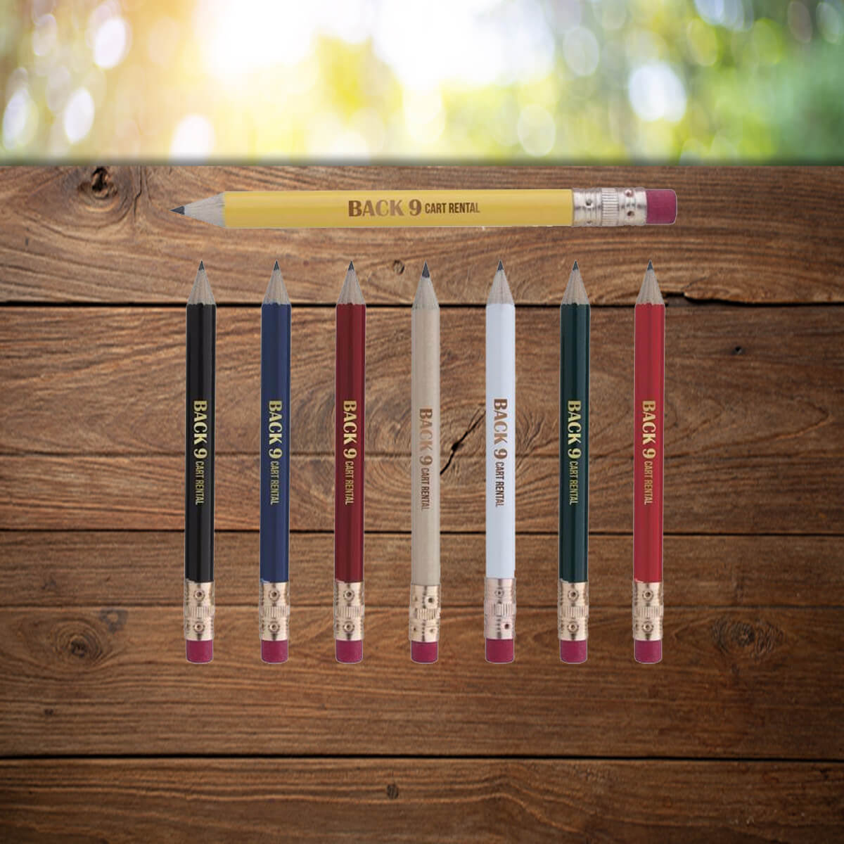 Variety of colors and imprints shown on custom golf pencils promotional writing implements by curative printing