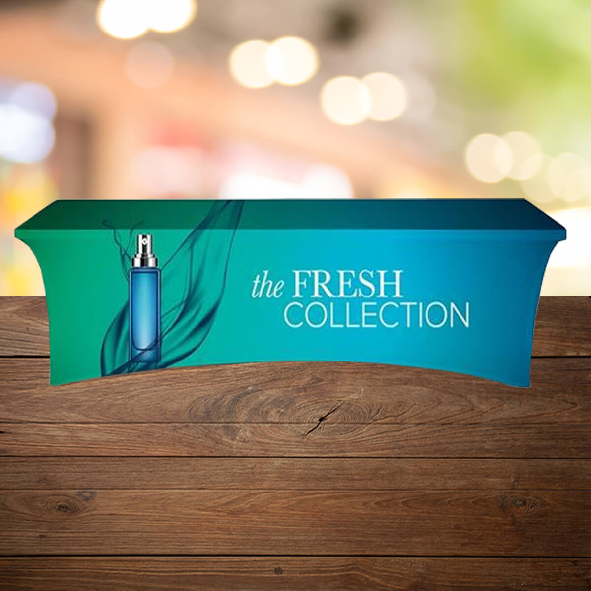 Stretch table cloth green to blue gradient display by Curative Printing
