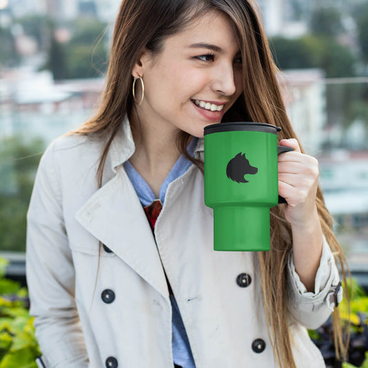 Business woman holding green travel mug tumbler custom promotional drinkware by curative printing