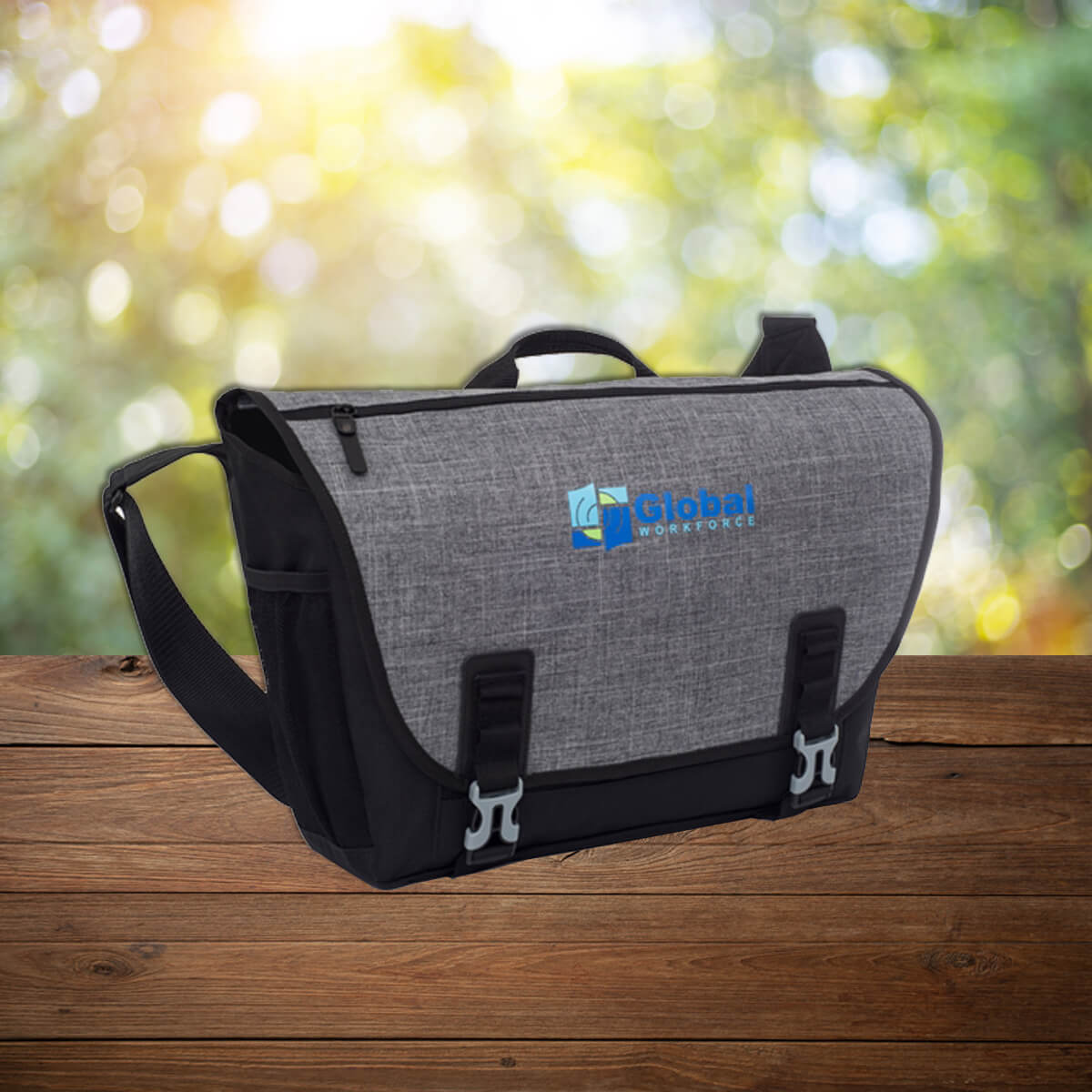 Black and grey clip custom promotional messenger bags by curative printing