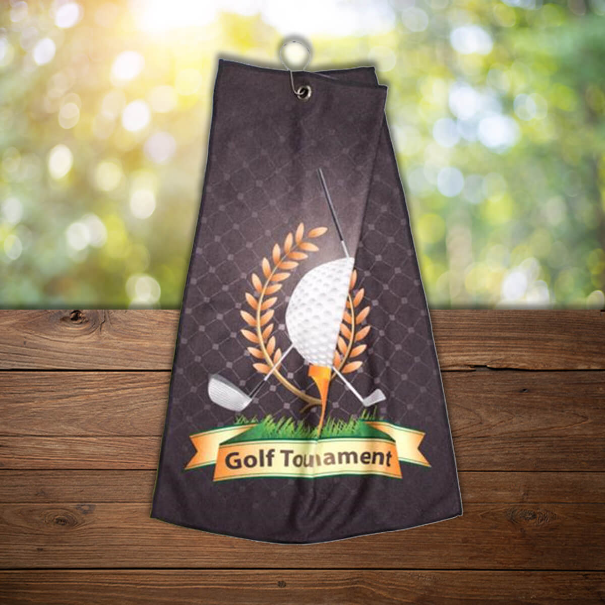 Grey tournament sublimated print custom golf towels promotional golf by curative printing