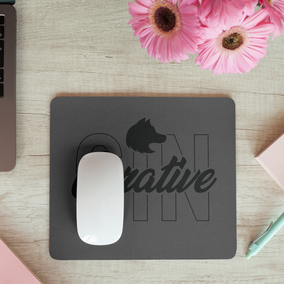 Desktop with flowers and logo imprinted mouse pad promotional technology by curative printing