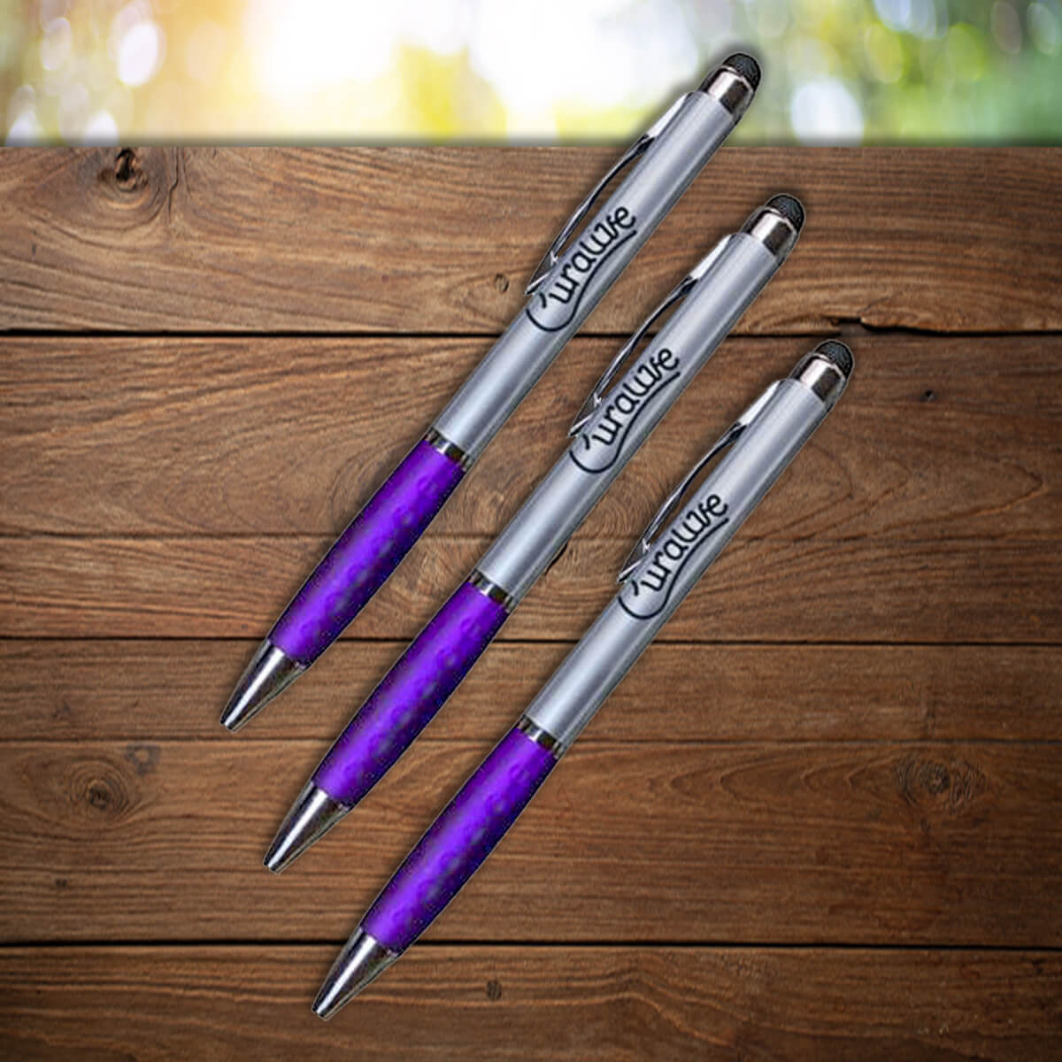 Silver and purple custom stylus pens promotional writing implements by curative printing