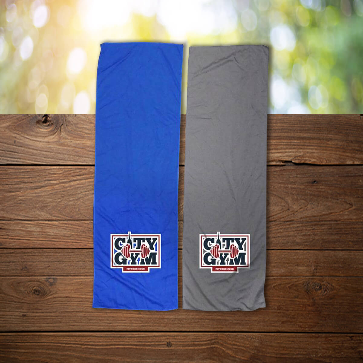 Blue and grey logo imprint neck cooling towel promotional towels by curative printing
