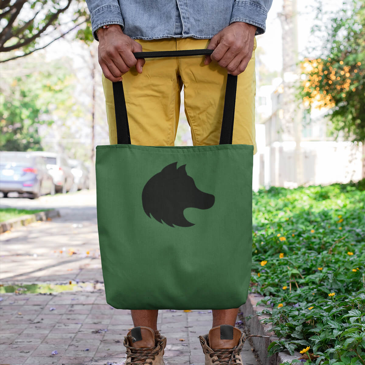 Green with black imprint custom promotional tote bags by curative printing