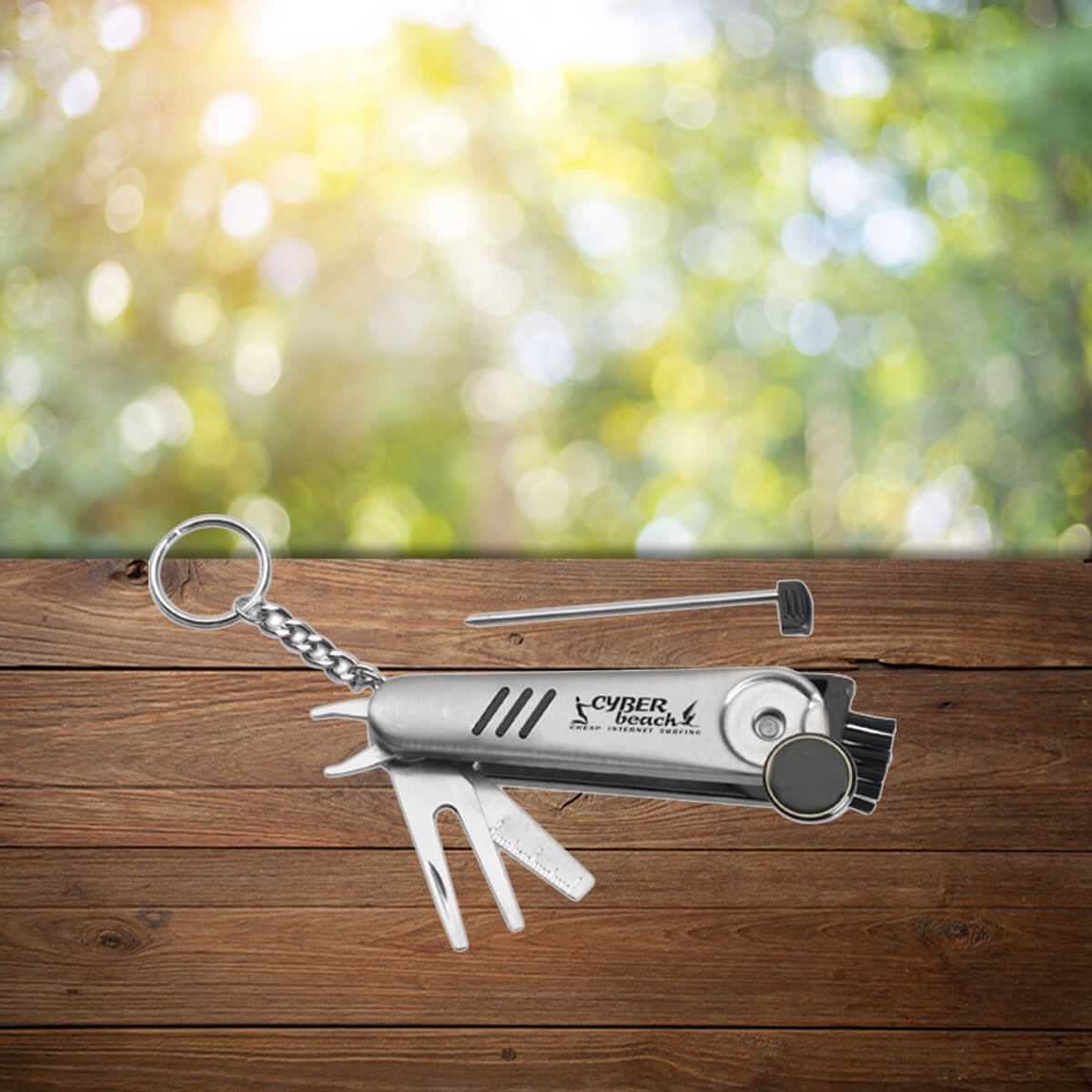 Keychain logo'd multi tool golf tools custom promotional golf by curative printing