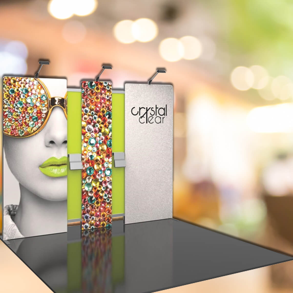 Side facing lime rigid display exhibit trade show display by Curative Printing
