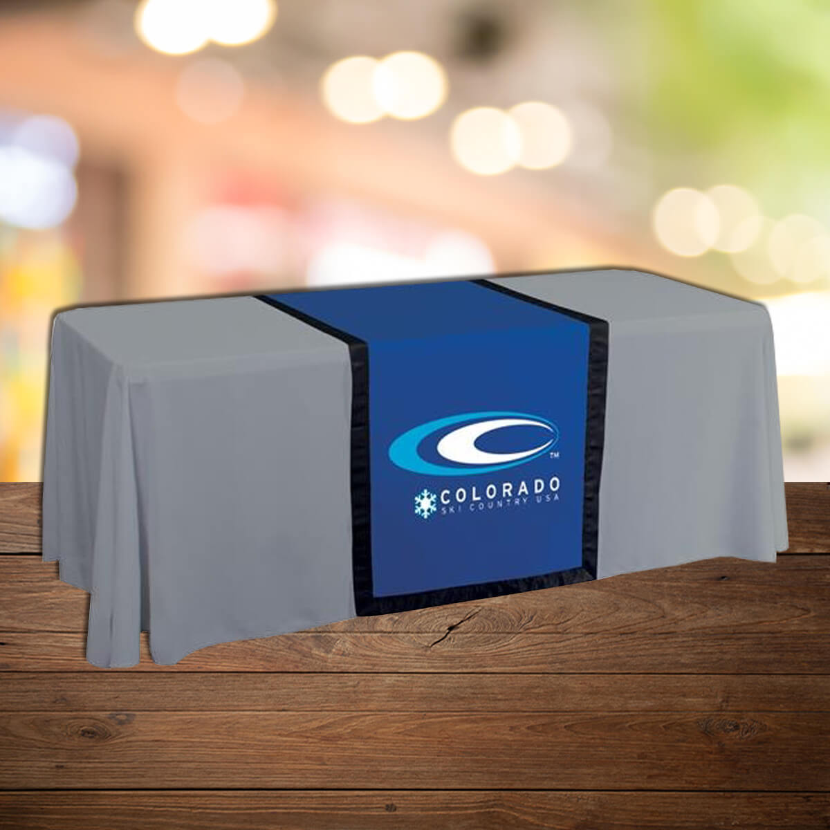 Logo'd table runner display exhibit trade show by Curative Printing