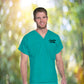 Male medical professional in green custom branded scrub apparel promotional wellness & safety by curative printing