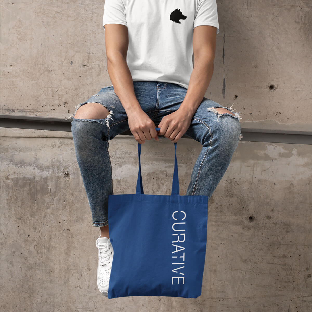 Navy with white imprint custom promotional tote bags by curative printing
